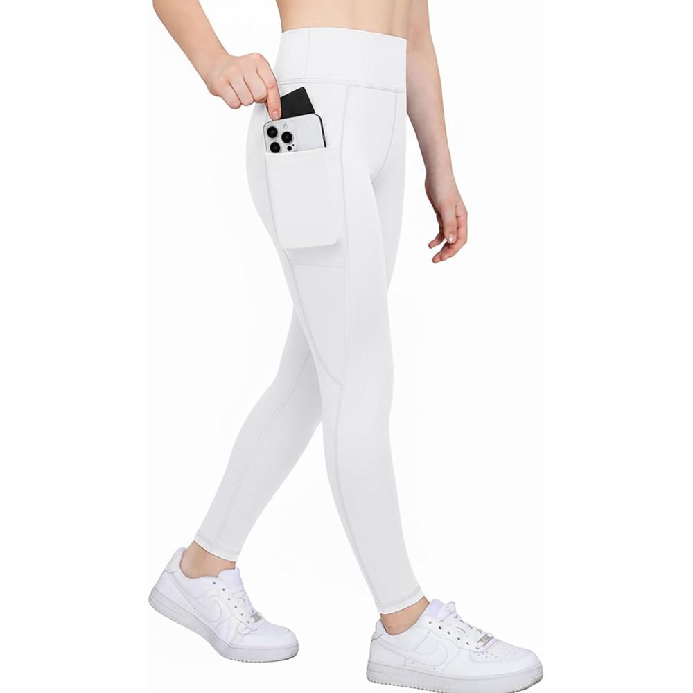 imageZaclotre Girls Athletic Leggings with 4 Pockets High Waist Tights Kids Workout Yoga Pants for Running DanceWhite