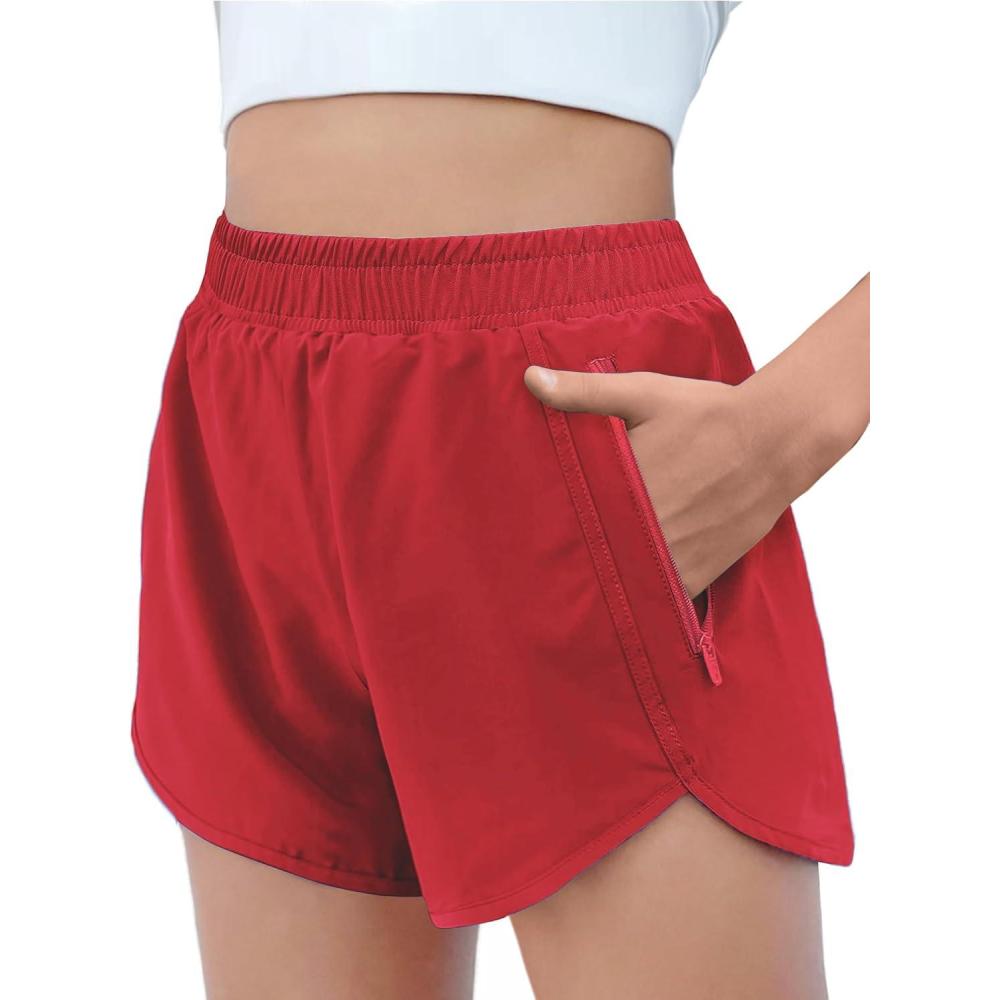 imageZaclotre Girls Athletic Shorts with Zipper Pockets High Waisted Running Shorts Soccer Gym Sports Active Short for KidsRed