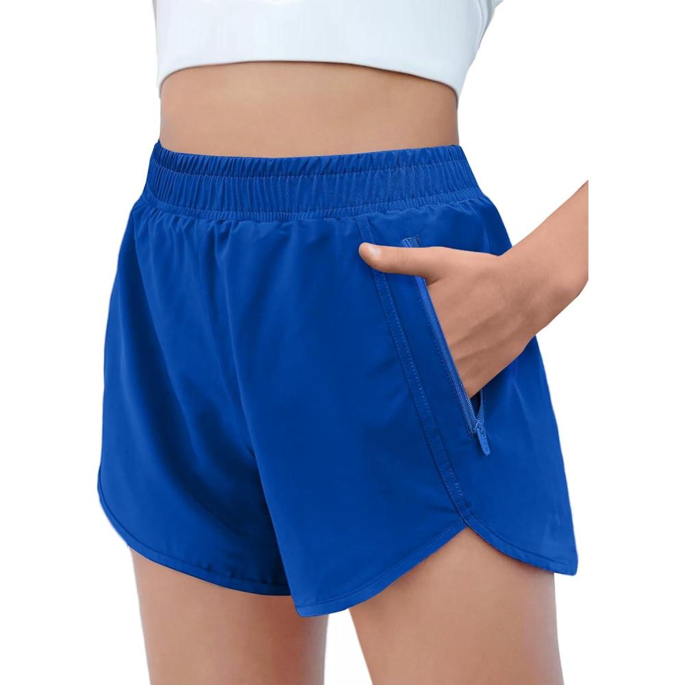 imageZaclotre Girls Athletic Shorts with Zipper Pockets High Waisted Running Shorts Soccer Gym Sports Active Short for KidsRoyal Blue