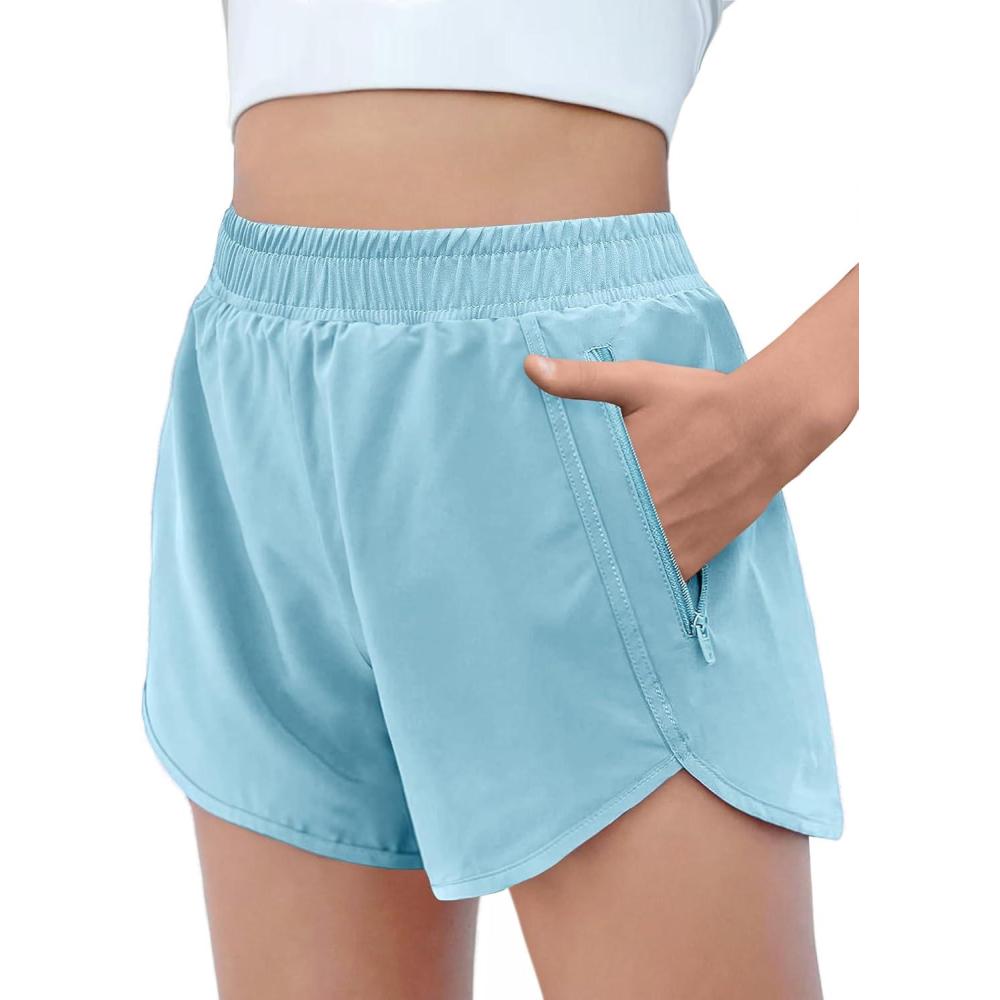imageZaclotre Girls Athletic Shorts with Zipper Pockets High Waisted Running Shorts Soccer Gym Sports Active Short for KidsSky Blue