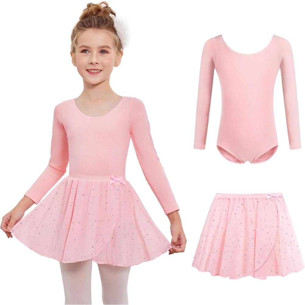 imageZaclotre Girls Ballet Leotards 2Pcs Long Sleeve Shiny Squins Dance Dresses Toddler Ballerina Outfit for 311YBallet Pink