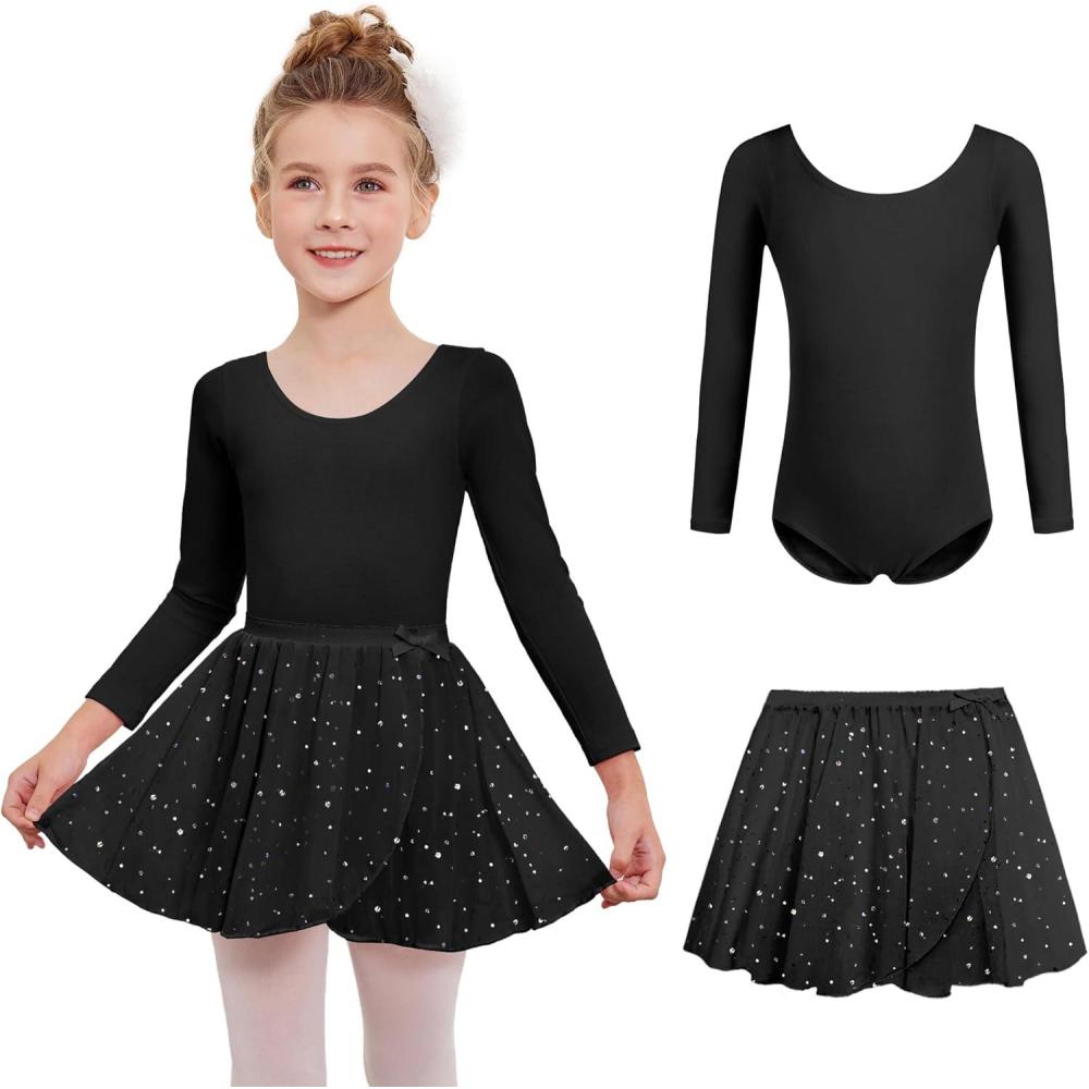 imageZaclotre Girls Ballet Leotards 2Pcs Long Sleeve Shiny Squins Dance Dresses Toddler Ballerina Outfit for 311YBlack