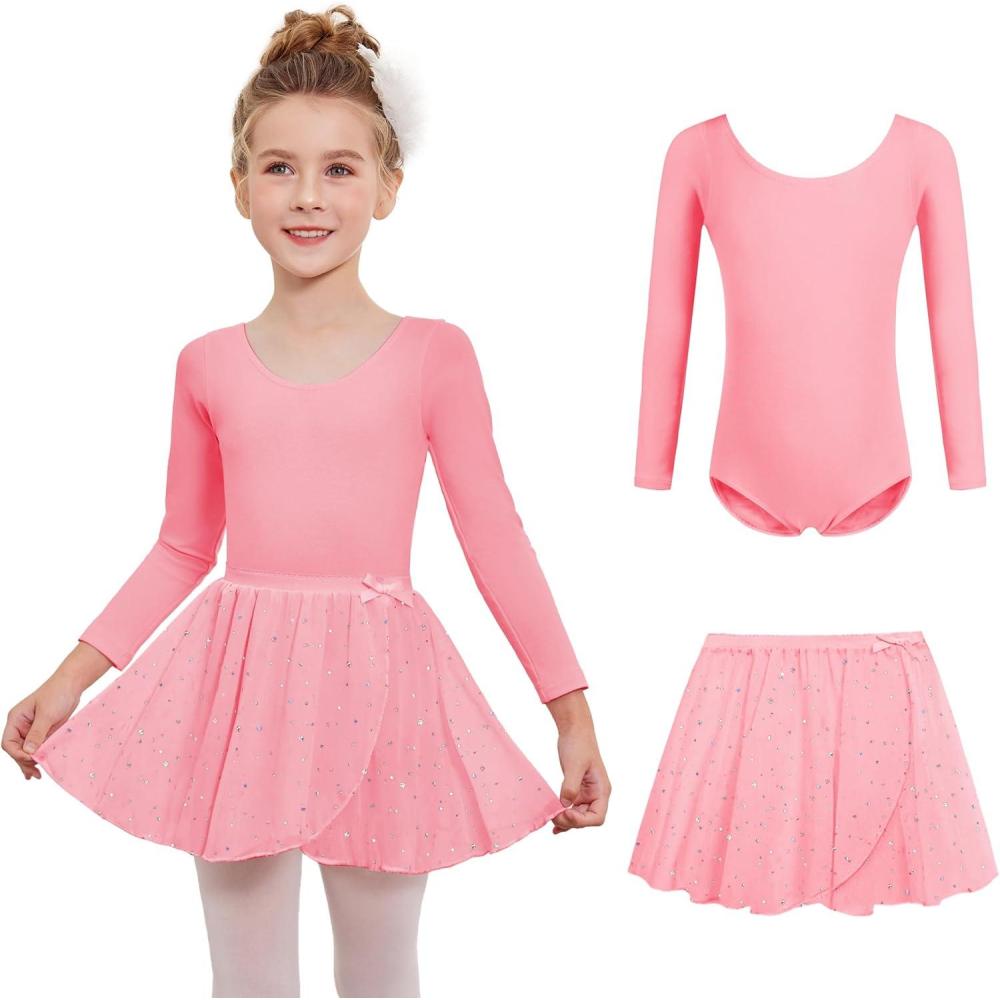 imageZaclotre Girls Ballet Leotards 2Pcs Long Sleeve Shiny Squins Dance Dresses Toddler Ballerina Outfit for 311YDark Pink