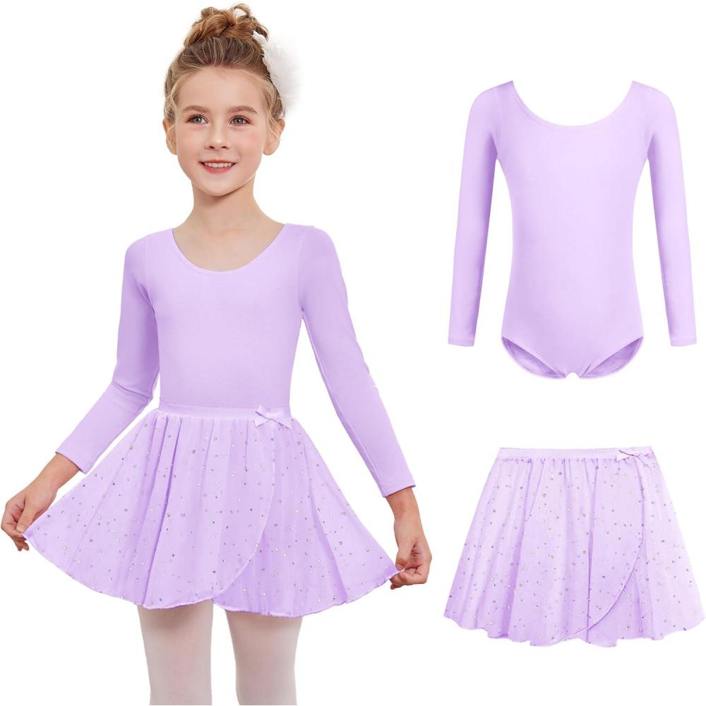 imageZaclotre Girls Ballet Leotards 2Pcs Long Sleeve Shiny Squins Dance Dresses Toddler Ballerina Outfit for 311YLilac