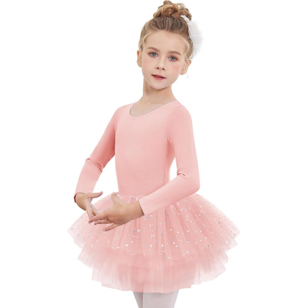 imageZaclotre Girls Ballet Leotards 4Layers Tiered Long Sleeve Dance Tutu Dresses Party Costumes for BallerinaBallet Pink