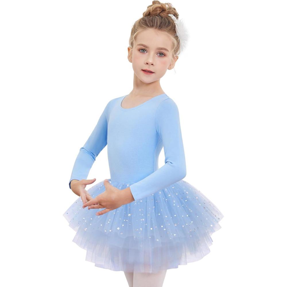 imageZaclotre Girls Ballet Leotards 4Layers Tiered Long Sleeve Dance Tutu Dresses Party Costumes for BallerinaBlue