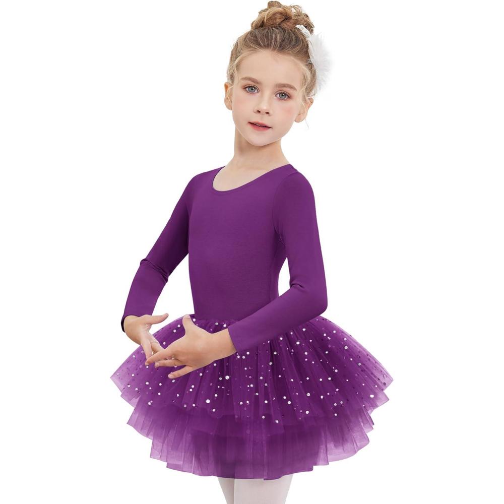 imageZaclotre Girls Ballet Leotards 4Layers Tiered Long Sleeve Dance Tutu Dresses Party Costumes for BallerinaDark Purple