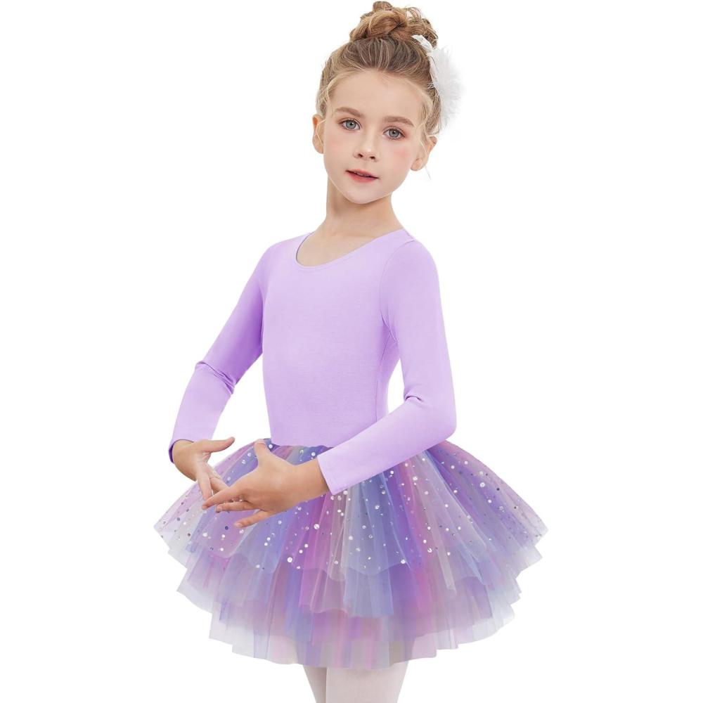 imageZaclotre Girls Ballet Leotards 4Layers Tiered Long Sleeve Dance Tutu Dresses Party Costumes for BallerinaPurplerainbow
