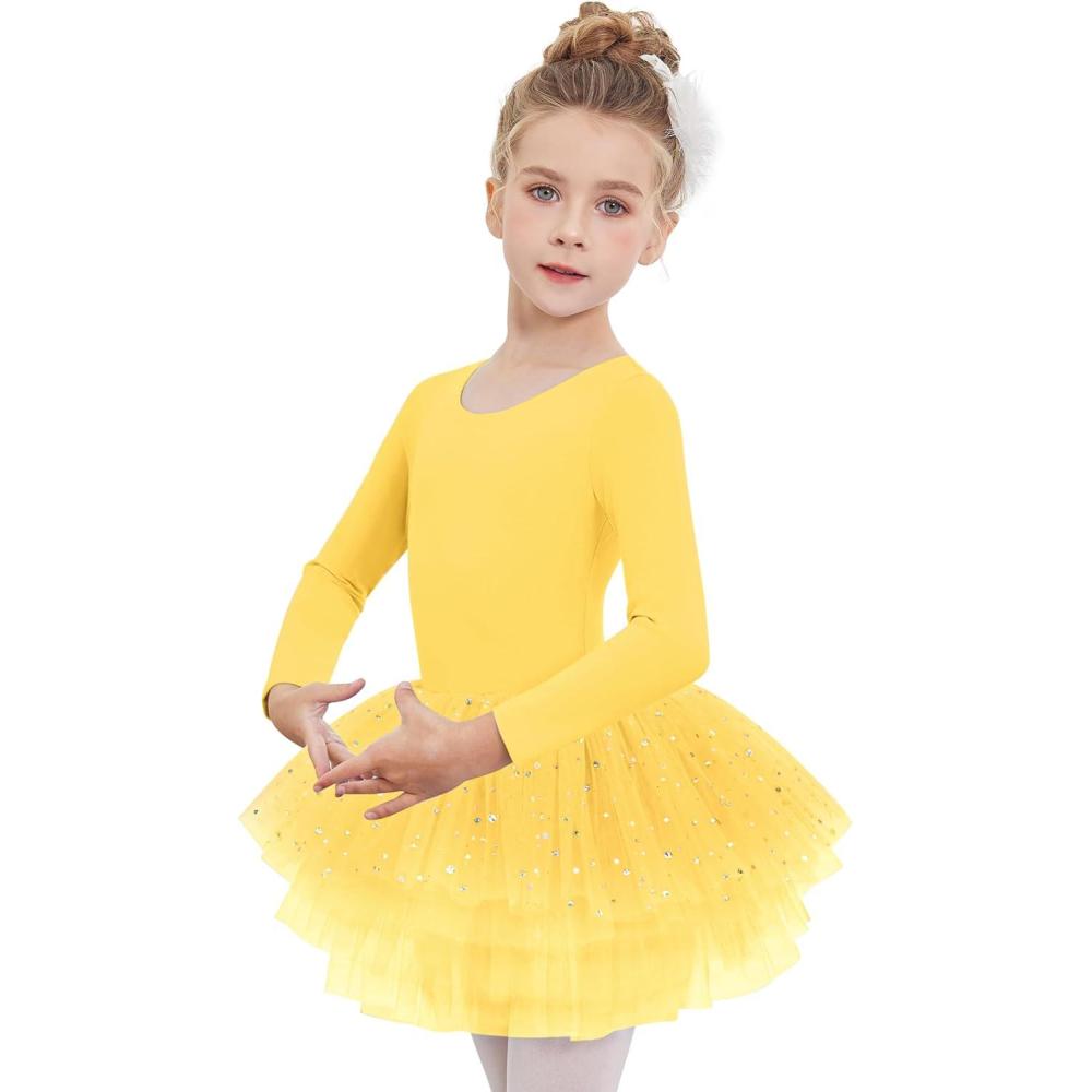 imageZaclotre Girls Ballet Leotards 4Layers Tiered Long Sleeve Dance Tutu Dresses Party Costumes for BallerinaYellow