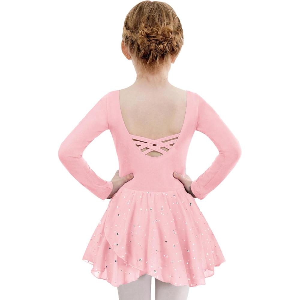 imageZaclotre Girls Ballet Leotards Long Sleeve Shiny Skirted Crisscross Back Toddler Leotard Dresses Dance OutfitsBallet Pink