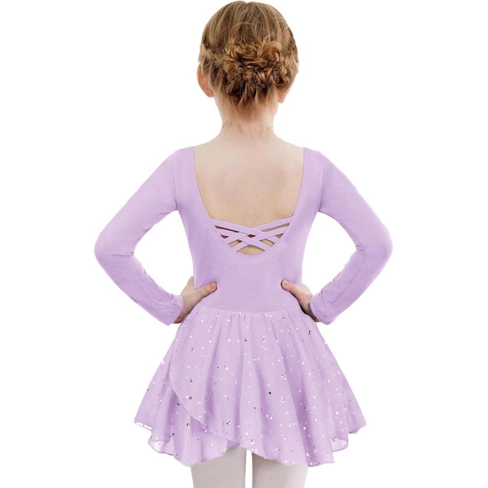 imageZaclotre Girls Ballet Leotards Long Sleeve Shiny Skirted Crisscross Back Toddler Leotard Dresses Dance OutfitsLilac