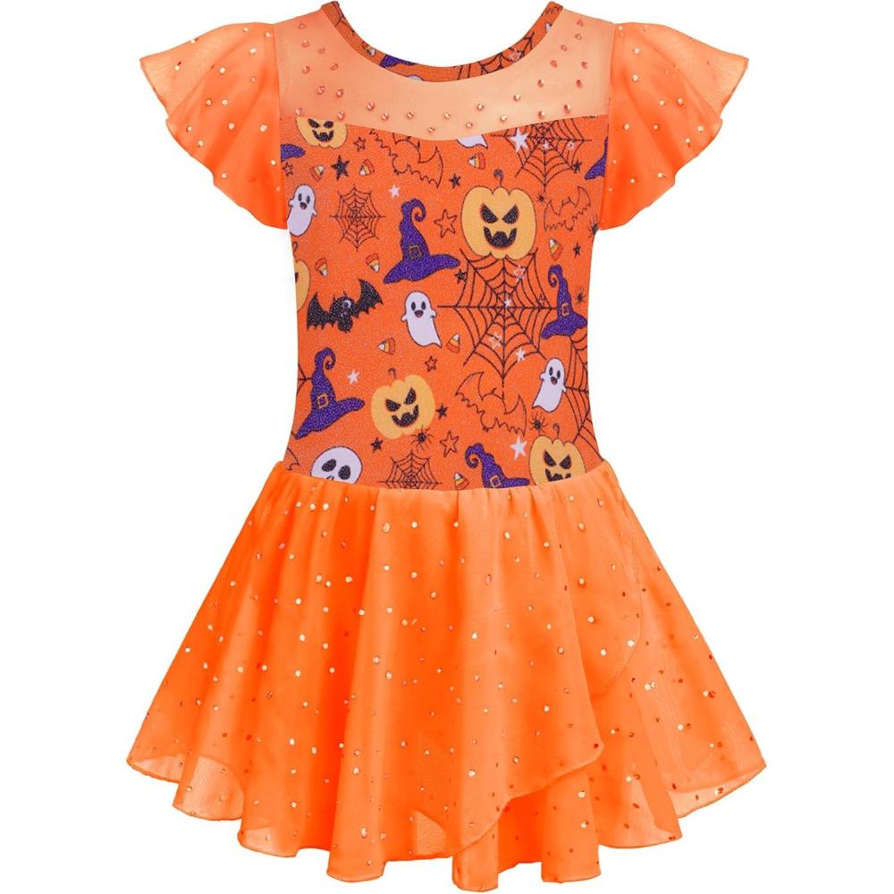 imageZaclotre Girls Ballet Leotards Ruffle Sleeve Sparkle Dance Leotard Toddler Ballerina Dress OutfitsHalloween Orange