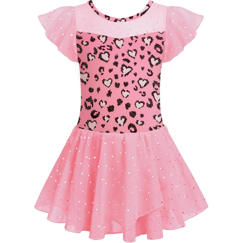 imageZaclotre Girls Ballet Leotards Ruffle Sleeve Sparkle Dance Leotard Toddler Ballerina Dress OutfitsPink Leopard