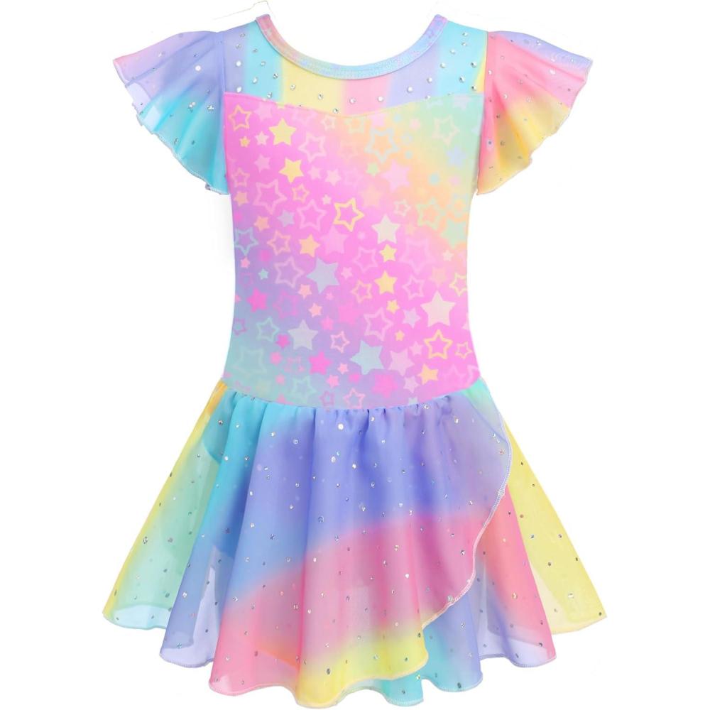 imageZaclotre Girls Ballet Leotards Ruffle Sleeve Sparkle Dance Leotard Toddler Ballerina Dress OutfitsRainbow Star
