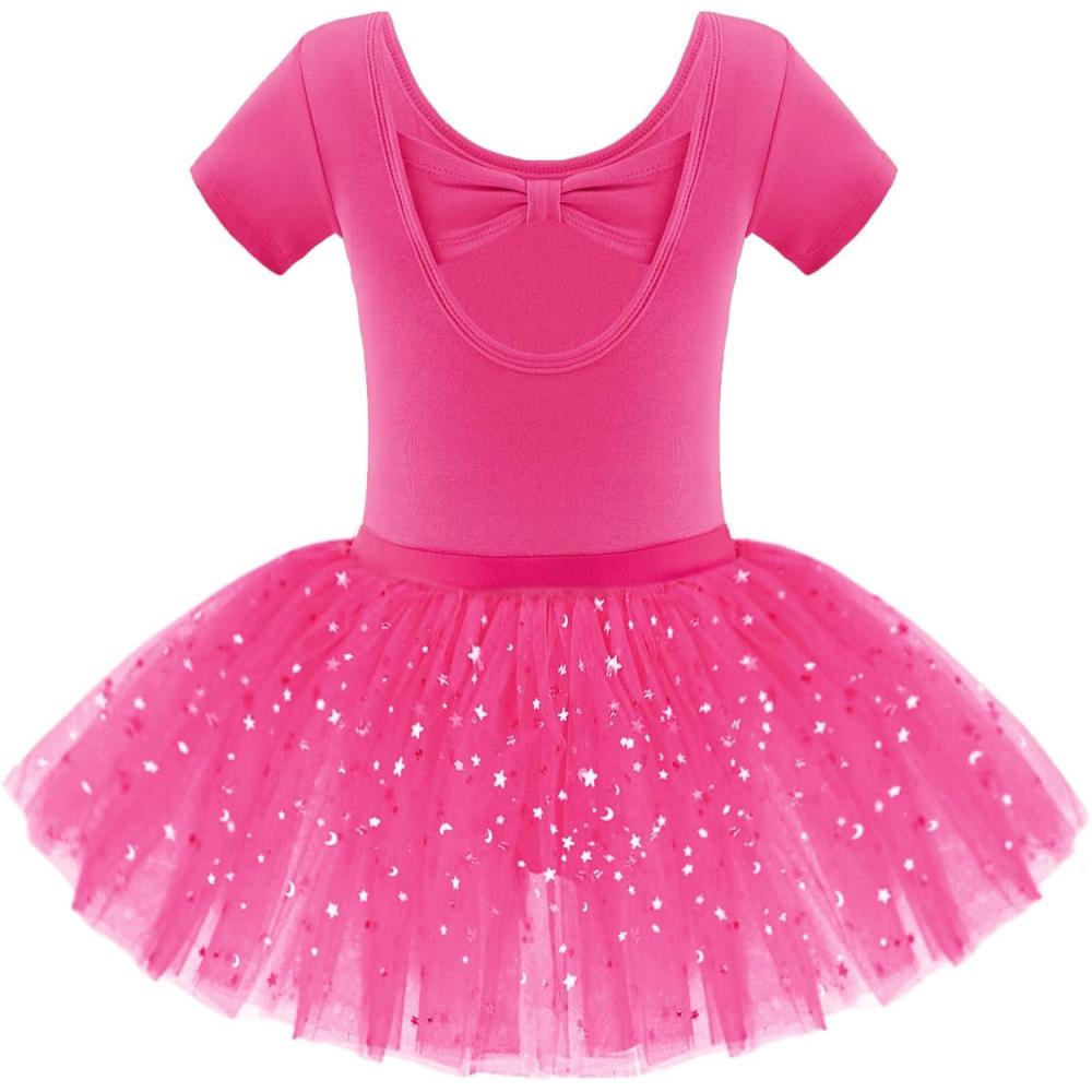 imageZaclotre Girls Ballet Leotards Short Sleeve Bow Back Tutu Ballerina Costume Toddler Dance Dress Outfit ComboHot Pink
