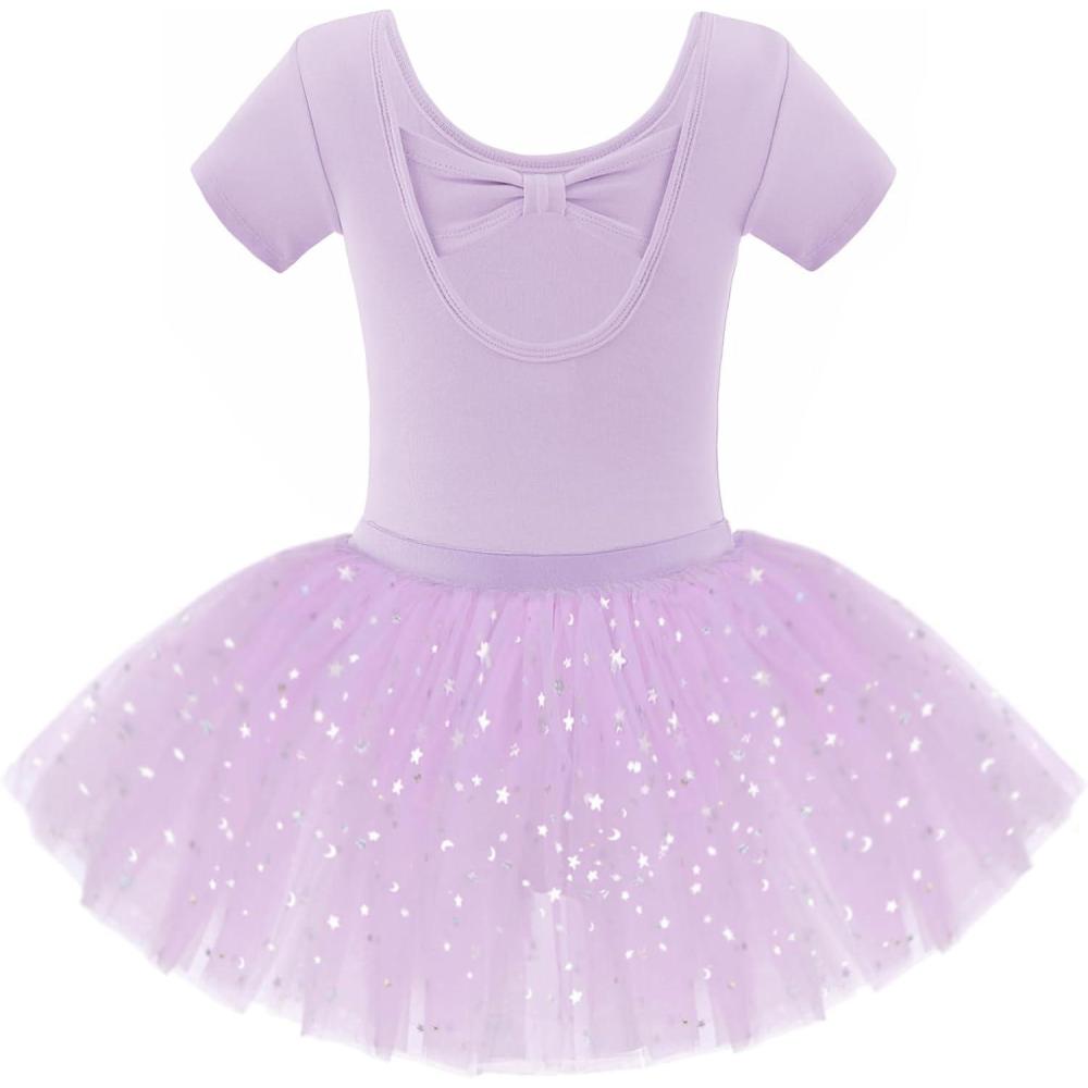 imageZaclotre Girls Ballet Leotards Short Sleeve Bow Back Tutu Ballerina Costume Toddler Dance Dress Outfit ComboPurple