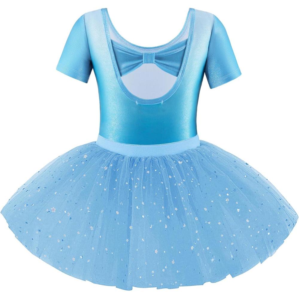 imageZaclotre Girls Ballet Leotards Short Sleeve Bow Back Tutu Ballerina Costume Toddler Dance Dress Outfit ComboWhite Blue