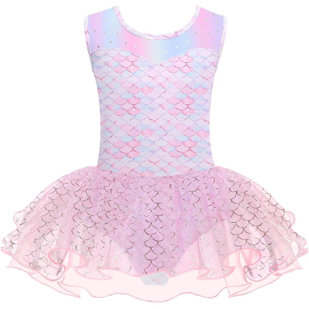 imageZaclotre Girls Ballet Leotards Sparkly Sleevesless Mesh Dance Dress Tutu Ballerina Costume for KidsPink Mermaid
