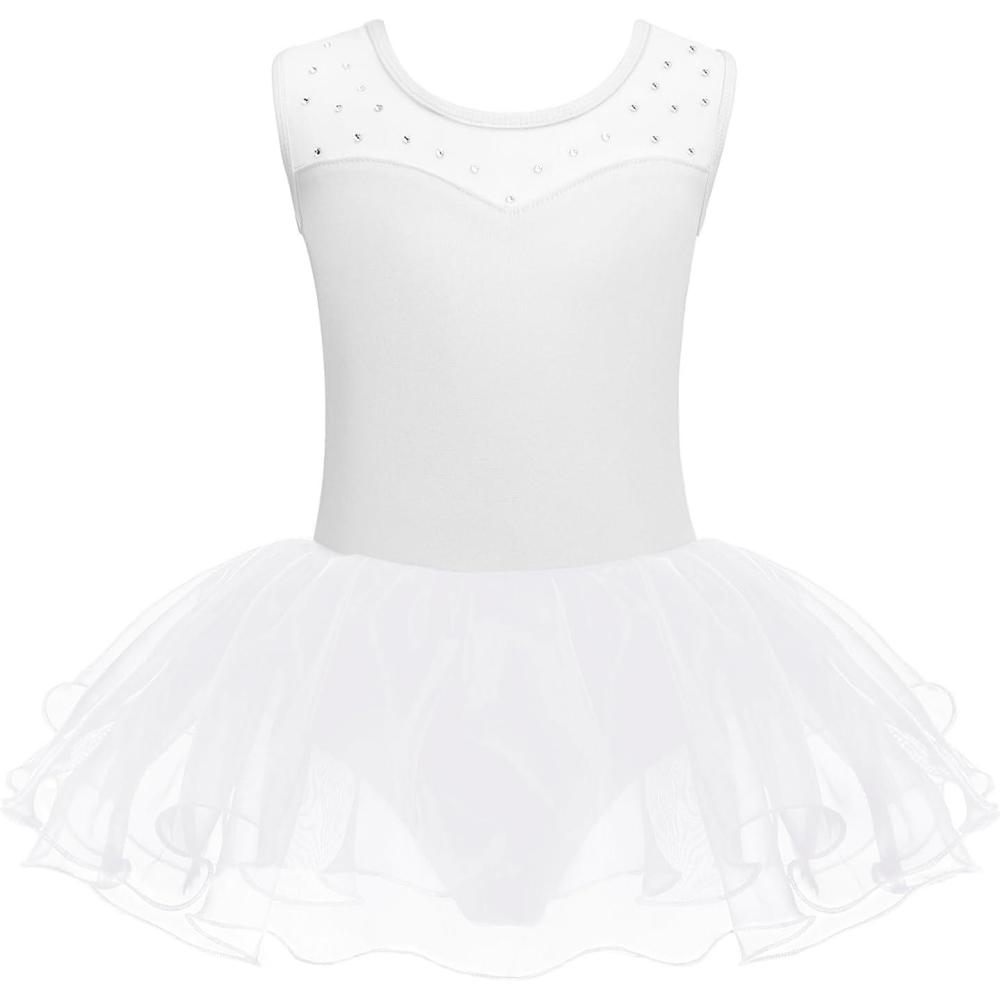 imageZaclotre Girls Ballet Leotards Sparkly Sleevesless Mesh Dance Dress Tutu Ballerina Costume for KidsWhite