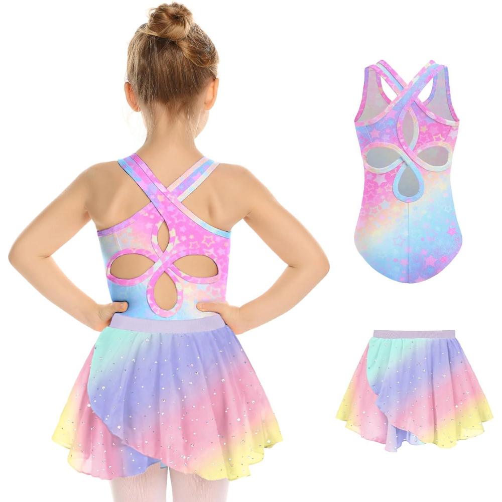 imageZaclotre Girls Ballet Leotards Toddler Hollow Back Dance Dress Outfit with Removable Skirt ComboRainbow Leopard