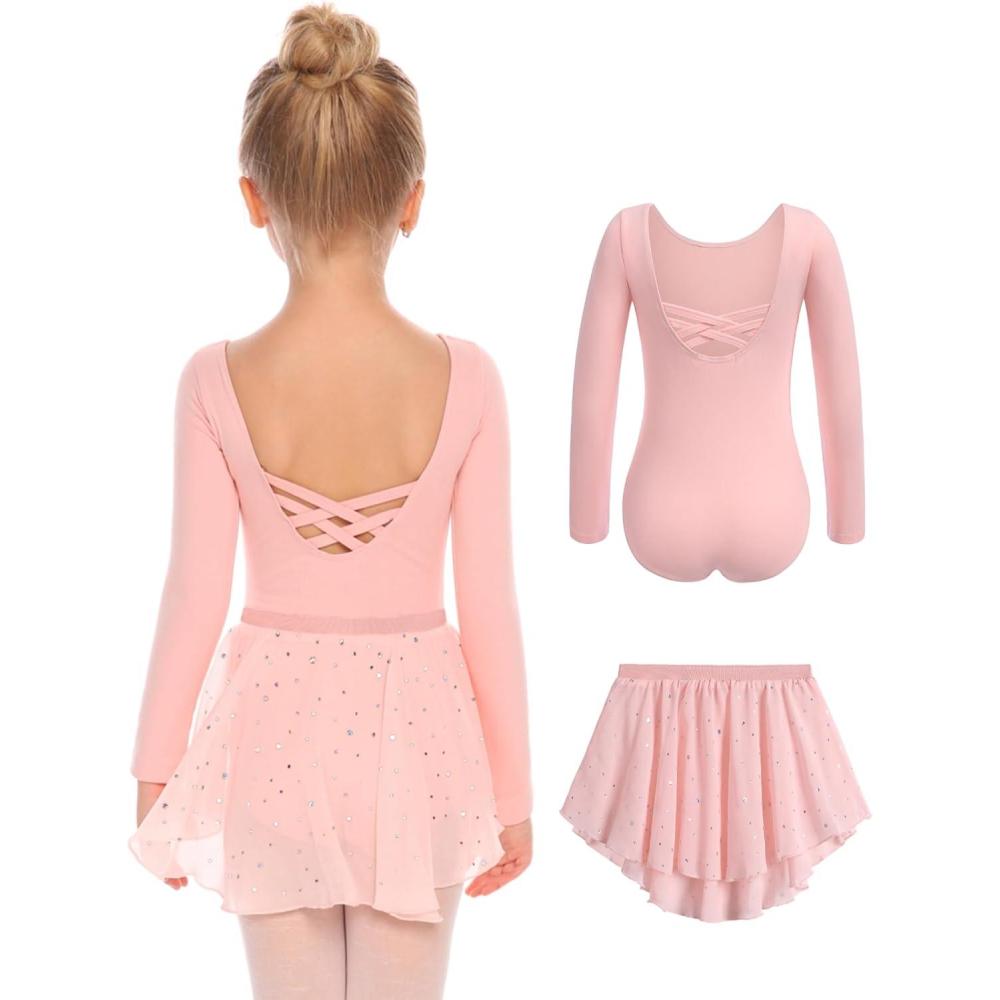 imageZaclotre Girls Ballet Leotards Toddler Long Sleeve Crisscross Back Dance Dress Outfit with Removable Shiny Skirt ComboBallet Pink