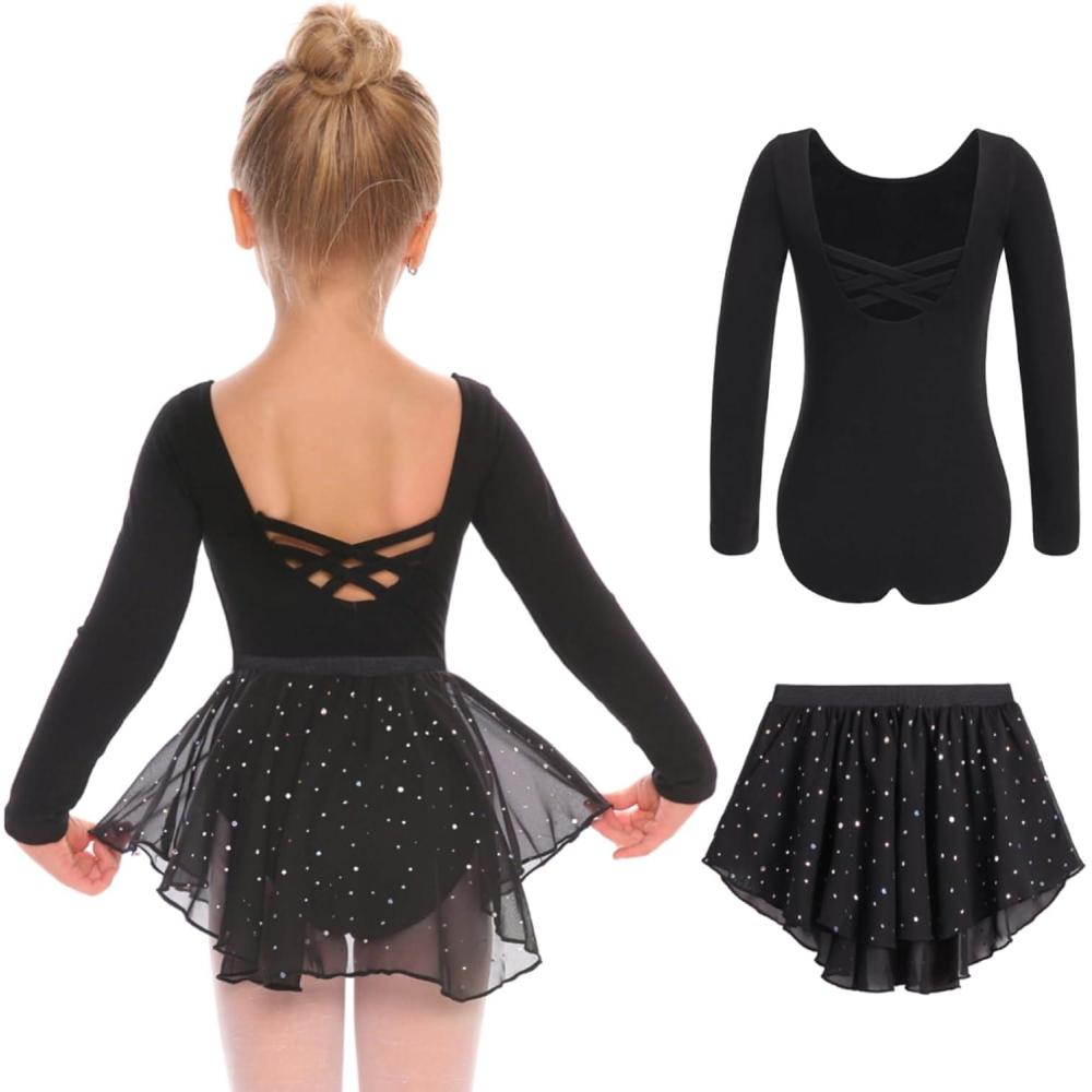 imageZaclotre Girls Ballet Leotards Toddler Long Sleeve Crisscross Back Dance Dress Outfit with Removable Shiny Skirt ComboBlack