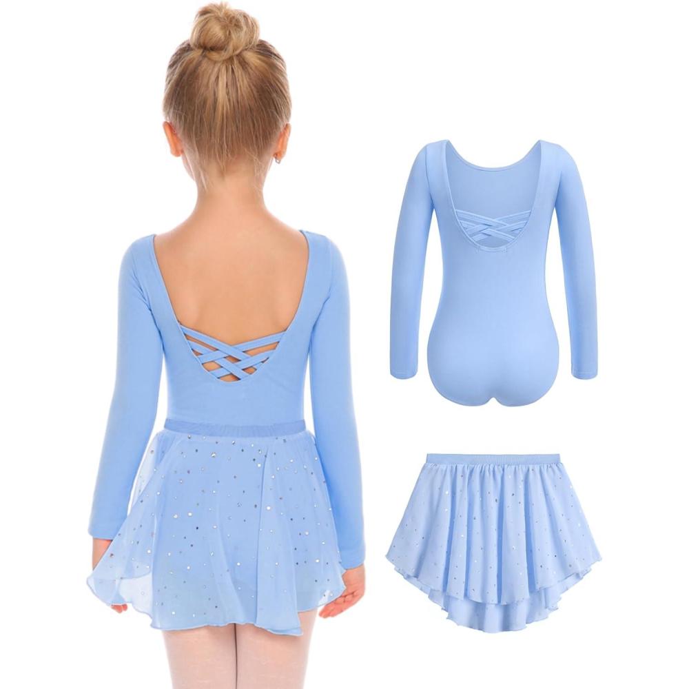 imageZaclotre Girls Ballet Leotards Toddler Long Sleeve Crisscross Back Dance Dress Outfit with Removable Shiny Skirt ComboBlue