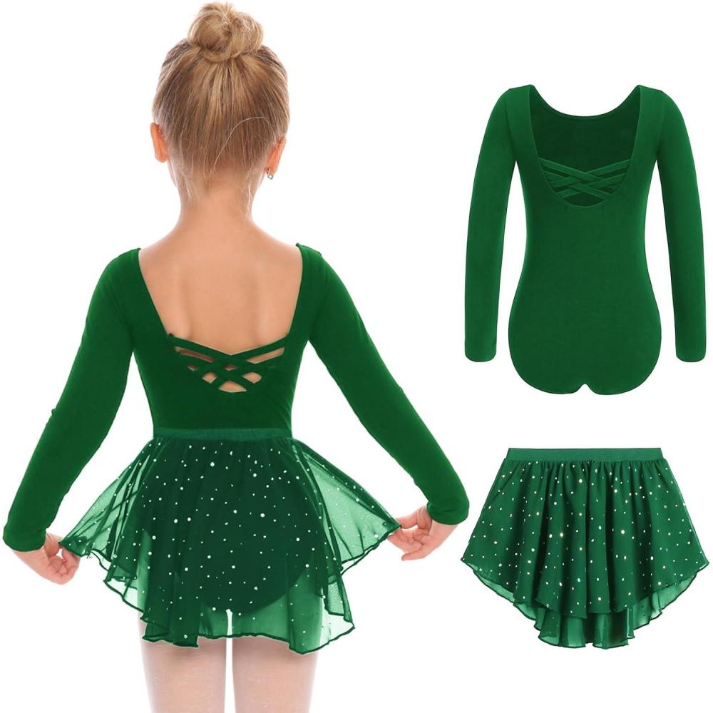 imageZaclotre Girls Ballet Leotards Toddler Long Sleeve Crisscross Back Dance Dress Outfit with Removable Shiny Skirt ComboGreen