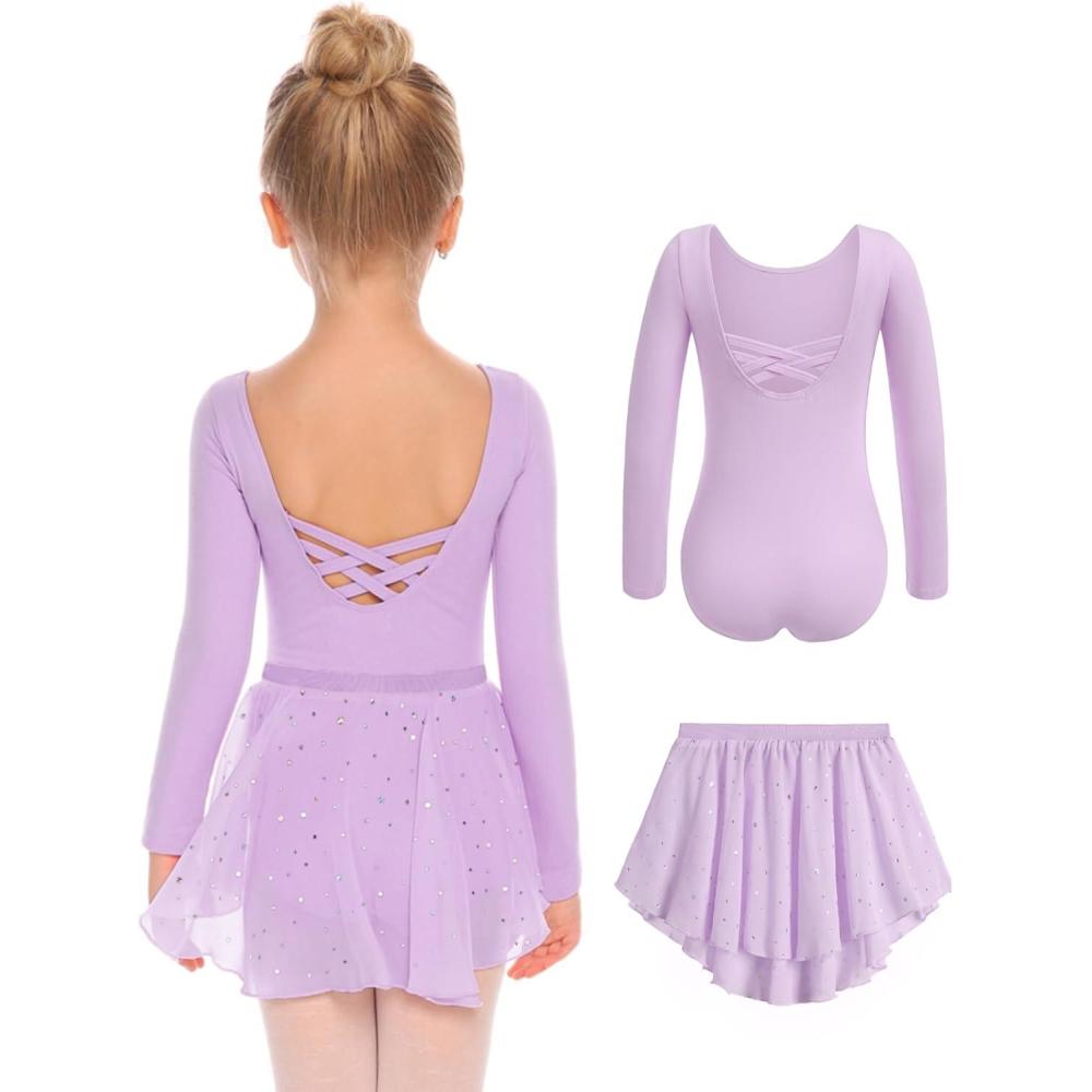 imageZaclotre Girls Ballet Leotards Toddler Long Sleeve Crisscross Back Dance Dress Outfit with Removable Shiny Skirt ComboLilac