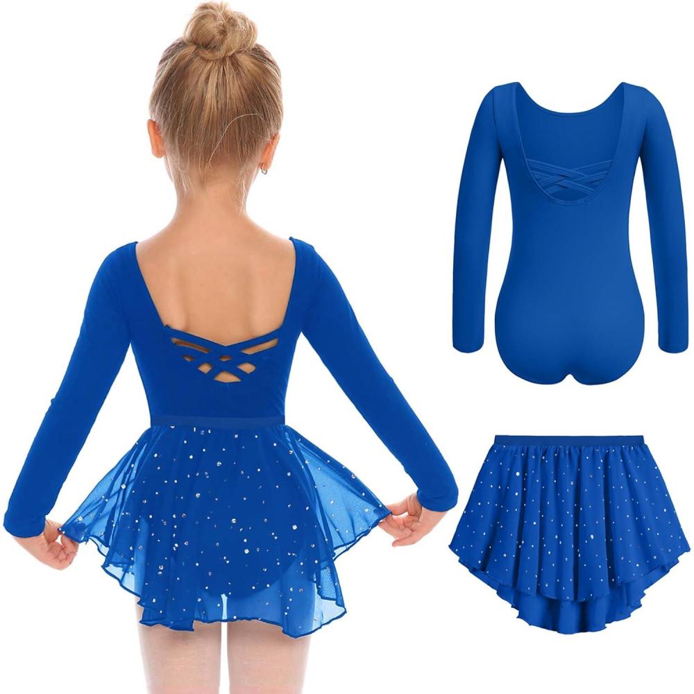 imageZaclotre Girls Ballet Leotards Toddler Long Sleeve Crisscross Back Dance Dress Outfit with Removable Shiny Skirt ComboRoyal Blue