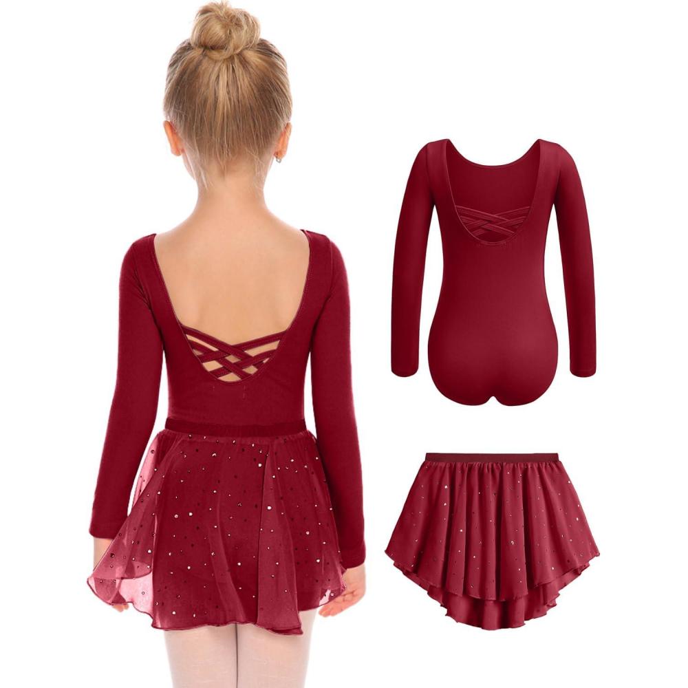 imageZaclotre Girls Ballet Leotards Toddler Long Sleeve Crisscross Back Dance Dress Outfit with Removable Shiny Skirt ComboWine Red