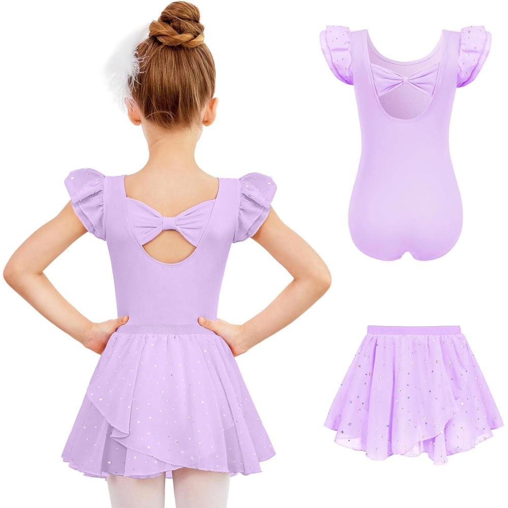 imageZaclotre Girls Ballet Leotards Toddler Ruffle Sleeve Bow Back Dance Outfits Leotard with Removable Shinny Skirt ComboLavender