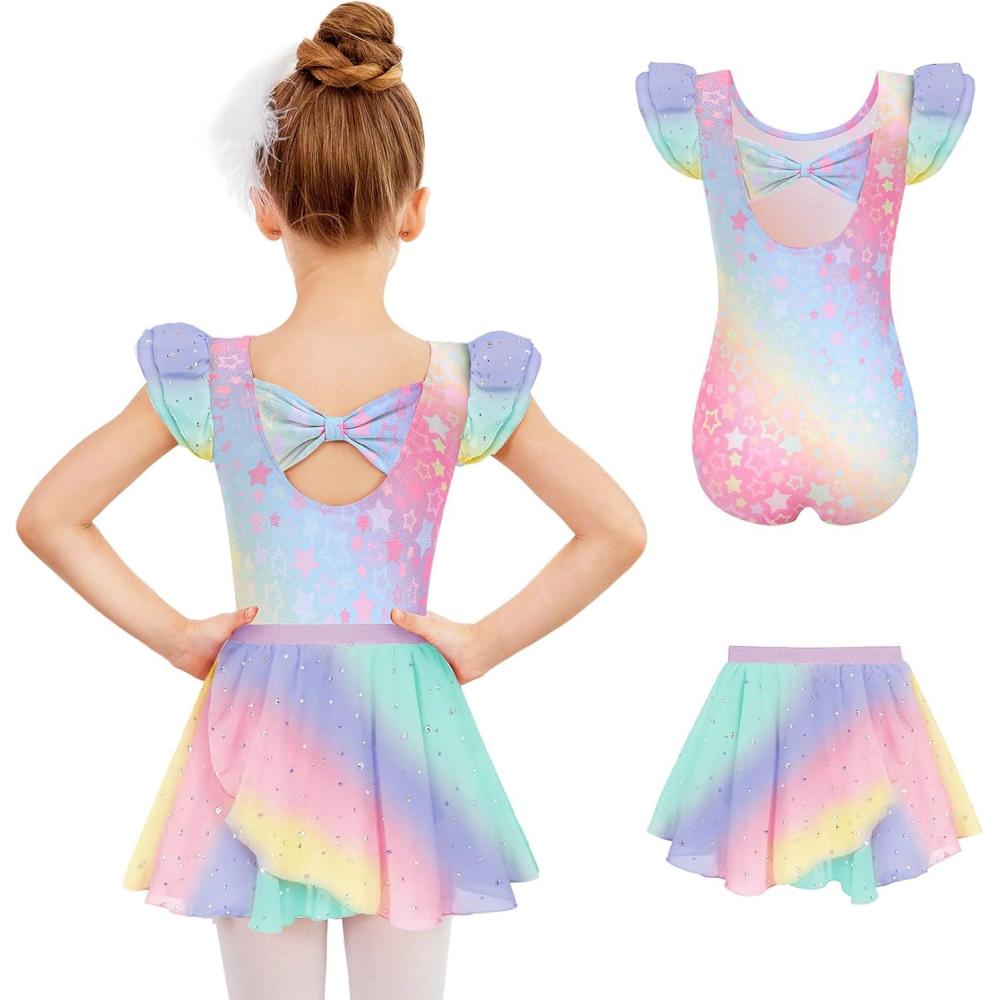 imageZaclotre Girls Ballet Leotards Toddler Ruffle Sleeve Bow Back Dance Outfits Leotard with Removable Shinny Skirt ComboRainbow Star