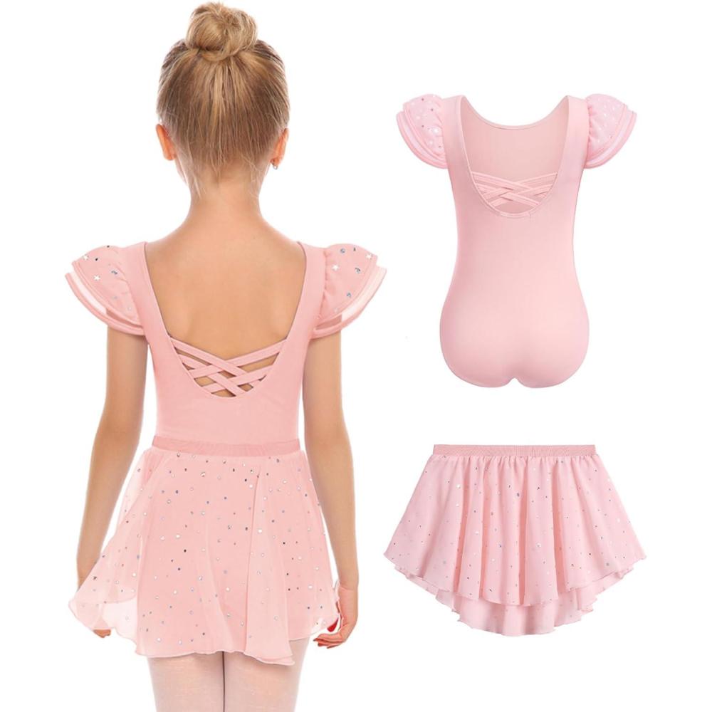 imageZaclotre Girls Ballet Leotards with Removable High Low Skirt Toddler Ruffle Sleeve Hollow Back Dance Outfit ComboBallet Pink