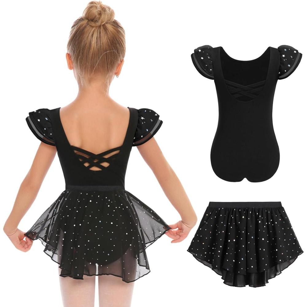 imageZaclotre Girls Ballet Leotards with Removable High Low Skirt Toddler Ruffle Sleeve Hollow Back Dance Outfit ComboBlack