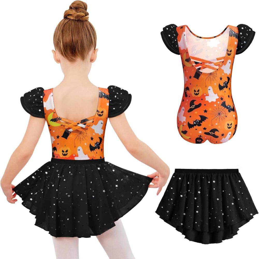 imageZaclotre Girls Ballet Leotards with Removable High Low Skirt Toddler Ruffle Sleeve Hollow Back Dance Outfit ComboBlack Holloween