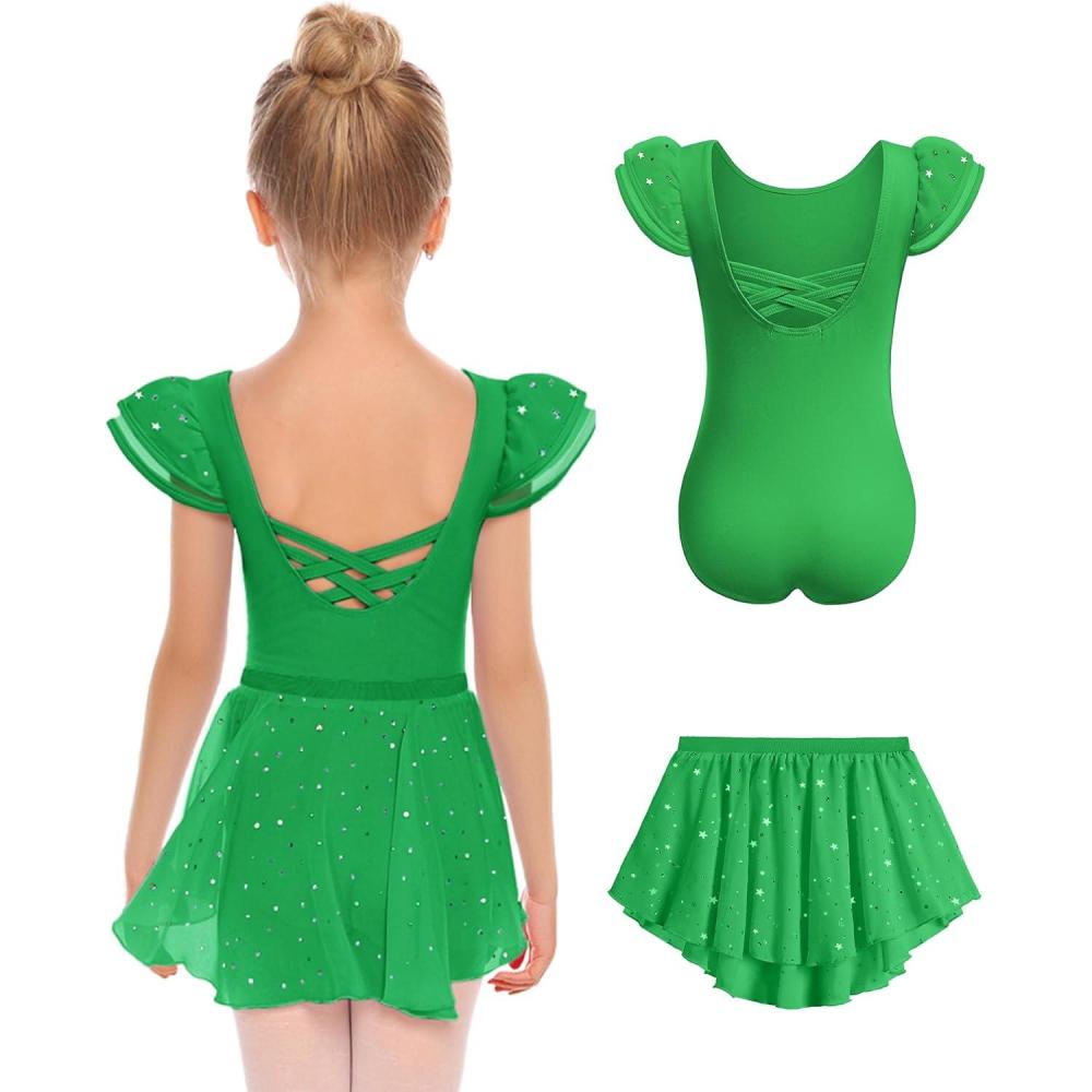 imageZaclotre Girls Ballet Leotards with Removable High Low Skirt Toddler Ruffle Sleeve Hollow Back Dance Outfit ComboGreen