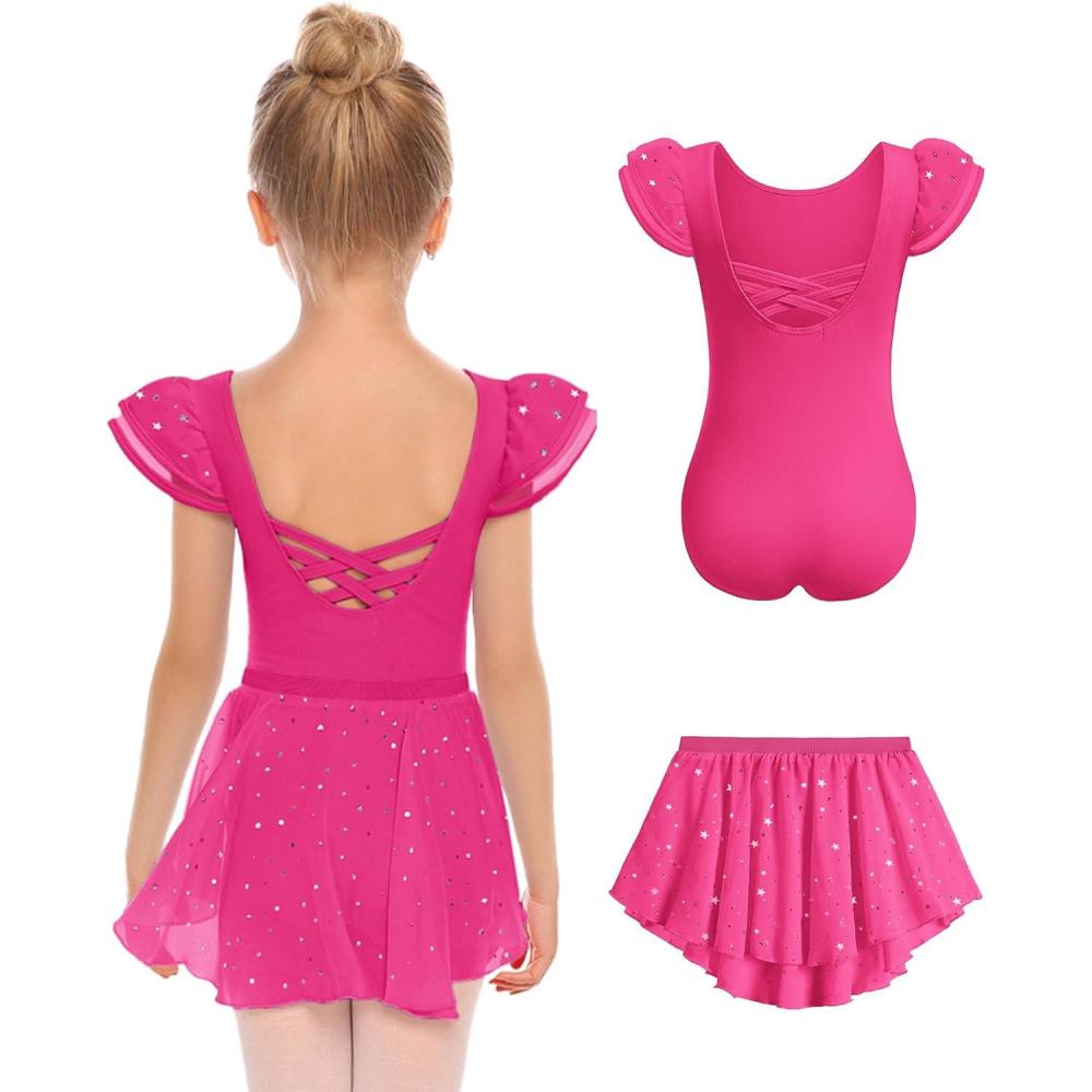 imageZaclotre Girls Ballet Leotards with Removable High Low Skirt Toddler Ruffle Sleeve Hollow Back Dance Outfit ComboHot Pink