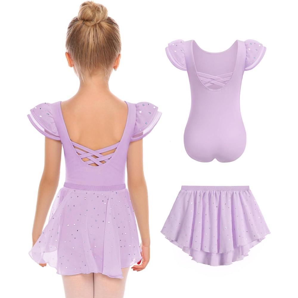 imageZaclotre Girls Ballet Leotards with Removable High Low Skirt Toddler Ruffle Sleeve Hollow Back Dance Outfit ComboPurple