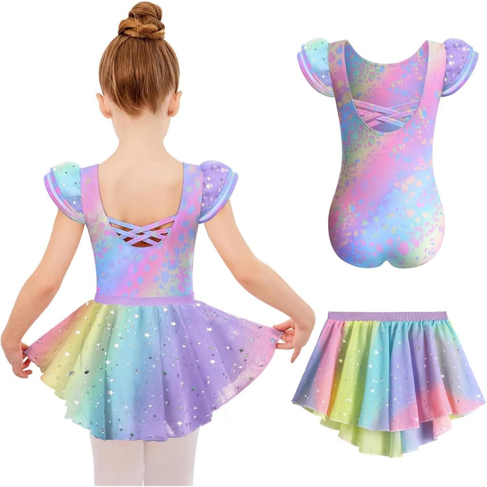 imageZaclotre Girls Ballet Leotards with Removable High Low Skirt Toddler Ruffle Sleeve Hollow Back Dance Outfit ComboRainbow Leopard