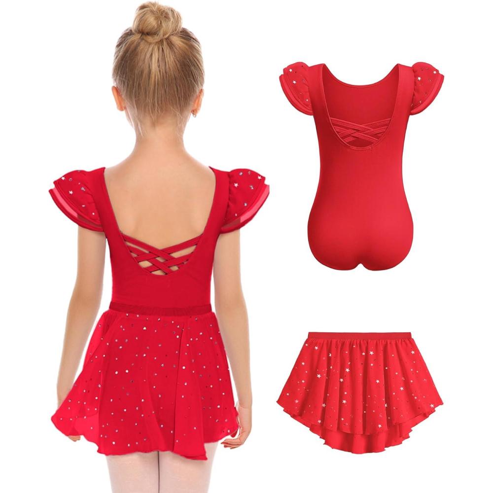 imageZaclotre Girls Ballet Leotards with Removable High Low Skirt Toddler Ruffle Sleeve Hollow Back Dance Outfit ComboRed