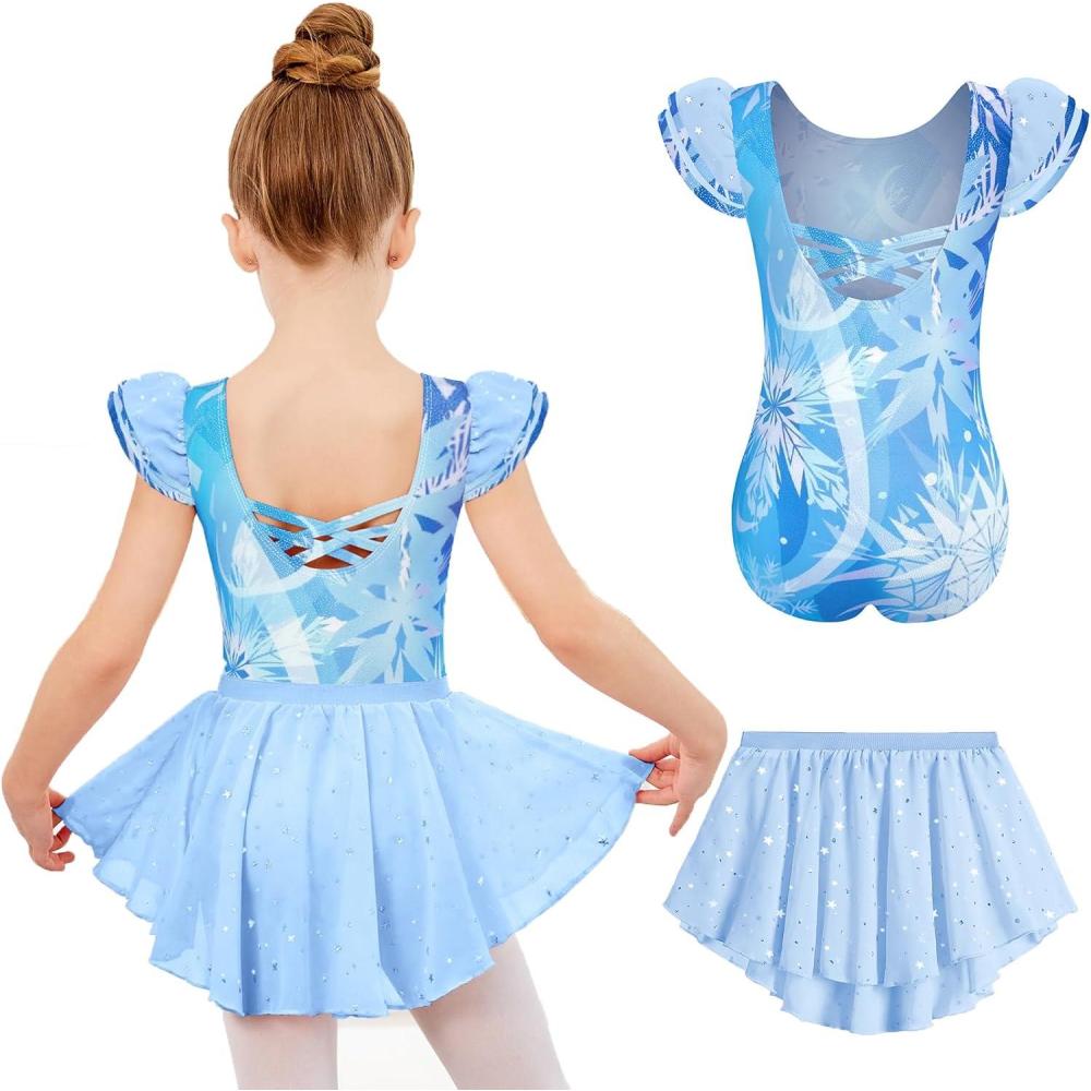 imageZaclotre Girls Ballet Leotards with Removable High Low Skirt Toddler Ruffle Sleeve Hollow Back Dance Outfit ComboSnowflake Blue