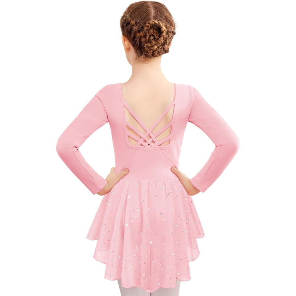 imageZaclotre Girls Ballet Leotards with Shinny Skirts Long Sleeve Crisscross Back Dance Dress OutfitsBallet Pink