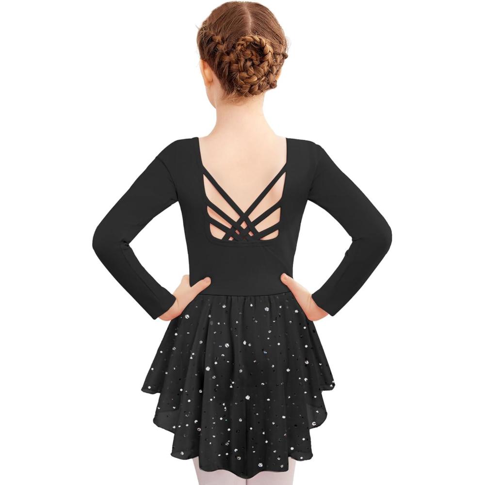 imageZaclotre Girls Ballet Leotards with Shinny Skirts Long Sleeve Crisscross Back Dance Dress OutfitsBlack