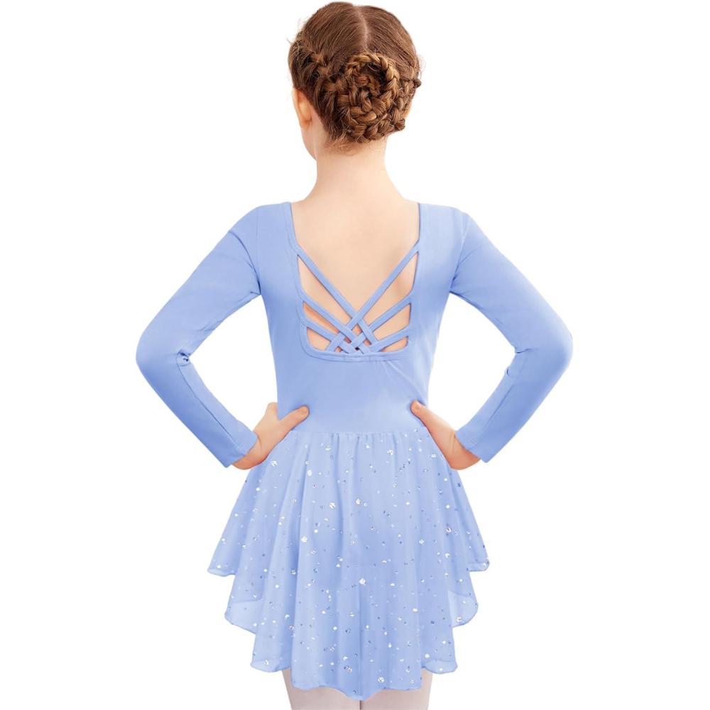 imageZaclotre Girls Ballet Leotards with Shinny Skirts Long Sleeve Crisscross Back Dance Dress OutfitsBlue