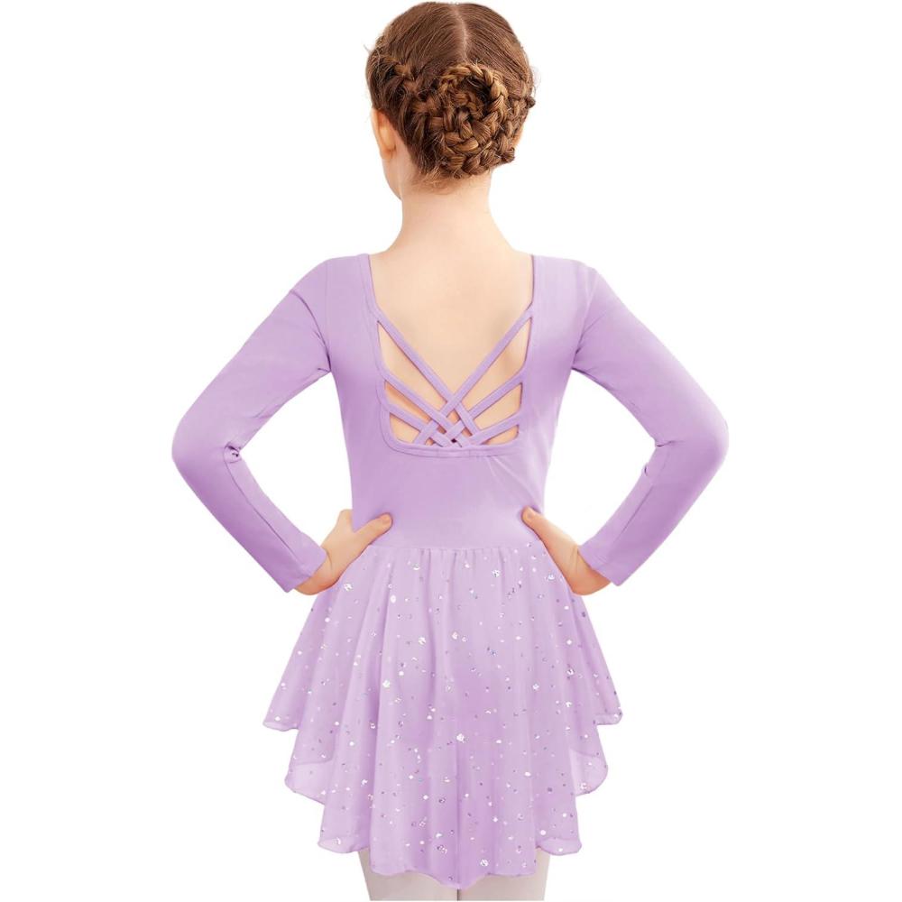 imageZaclotre Girls Ballet Leotards with Shinny Skirts Long Sleeve Crisscross Back Dance Dress OutfitsLilac