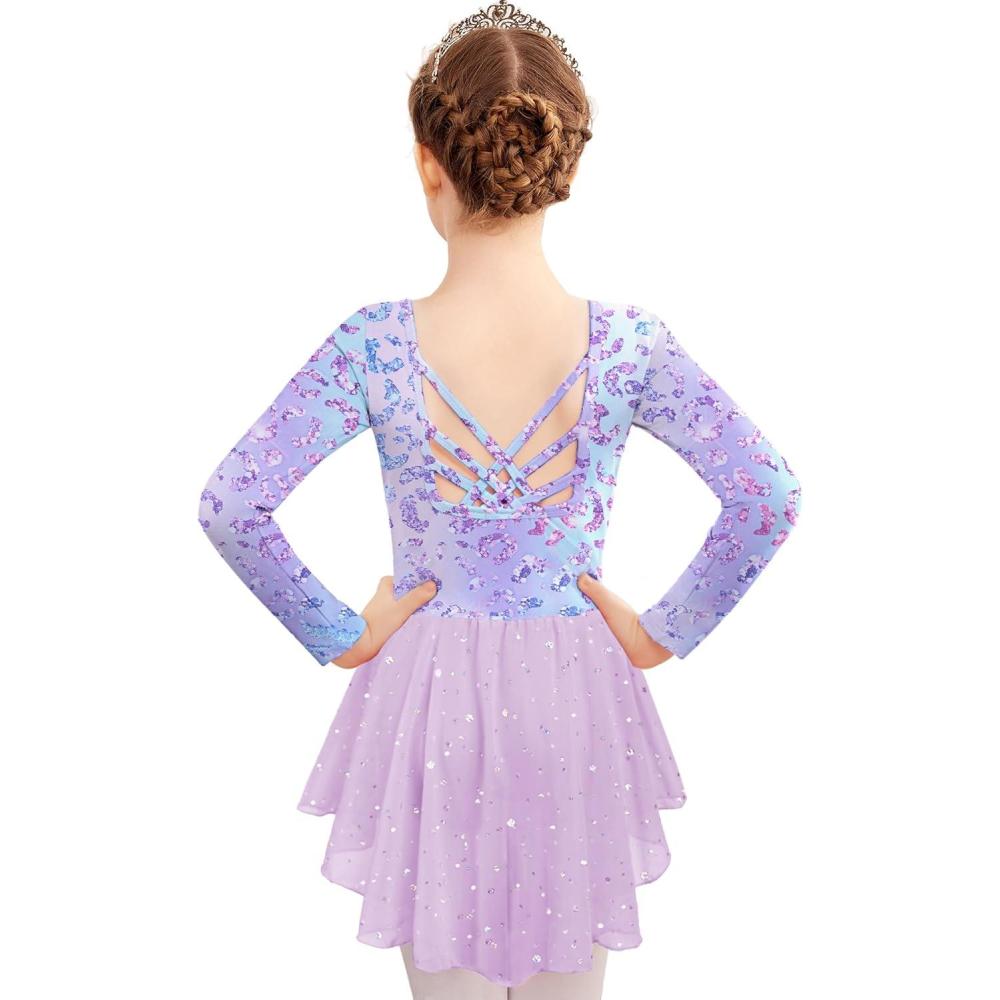 imageZaclotre Girls Ballet Leotards with Shinny Skirts Long Sleeve Crisscross Back Dance Dress OutfitsPurple Leopard