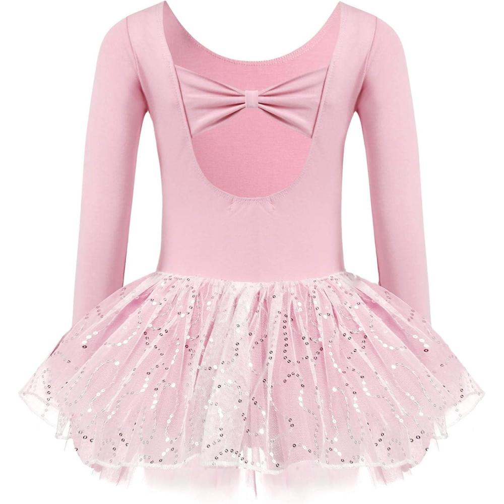 imageZaclotre Girls Ballet Long Sleeve Skirted Leotards with Tutus Skirt Dance Dress Ballerina OutfitsBallet PinkBow Back