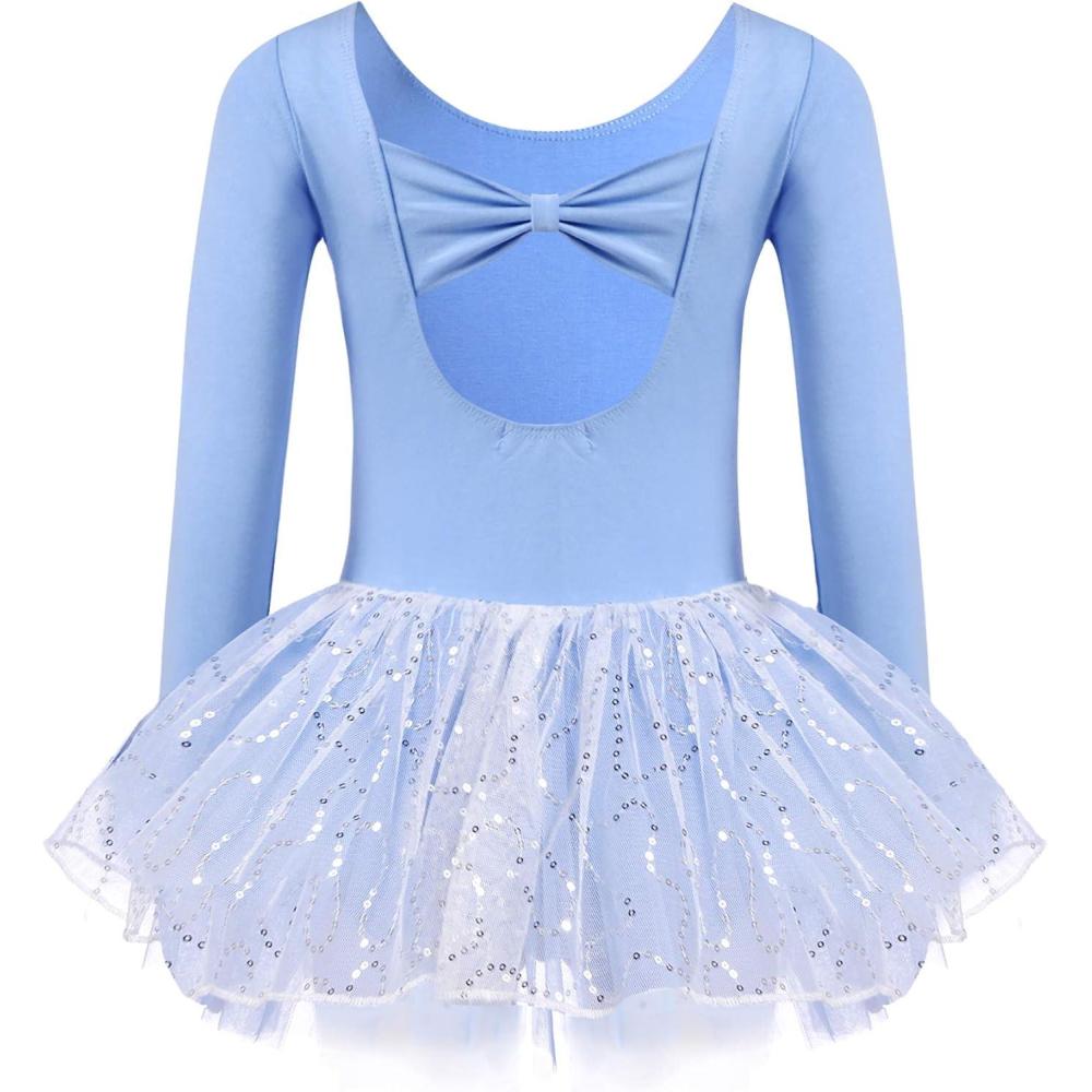 imageZaclotre Girls Ballet Long Sleeve Skirted Leotards with Tutus Skirt Dance Dress Ballerina OutfitsBlueBow Back