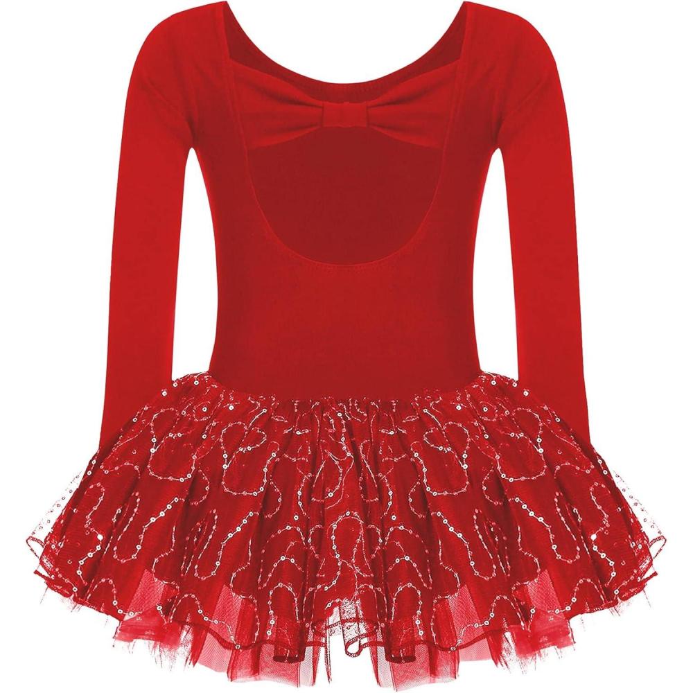 imageZaclotre Girls Ballet Long Sleeve Skirted Leotards with Tutus Skirt Dance Dress Ballerina OutfitsRed